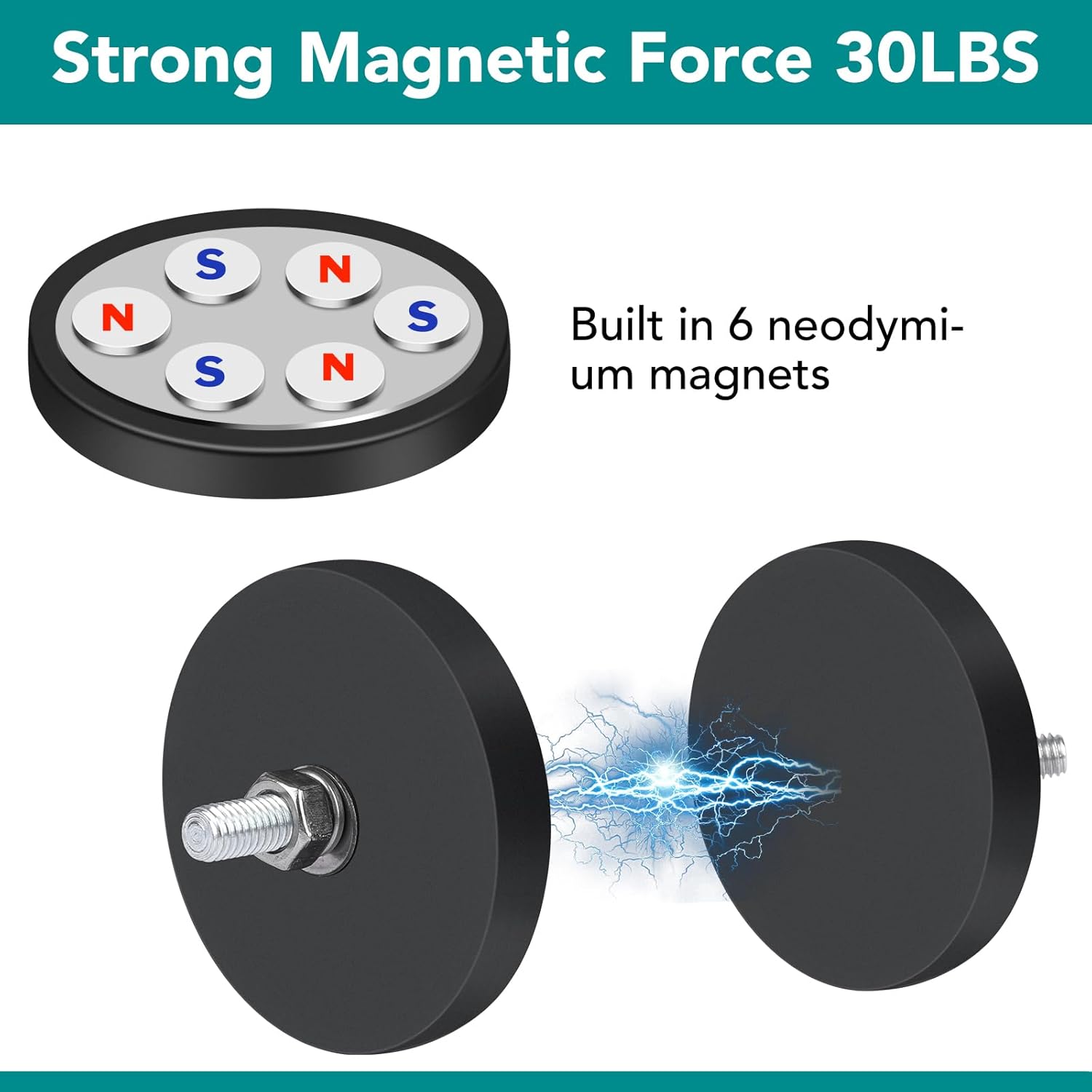 16Pack Rubber Coated Magnets, 30LBS Rubber Coated Neodymium Magnets with M5 Magnetic Assembly Base for Light Bar Mirror Camera Tool(1.69 Inch) â image 3