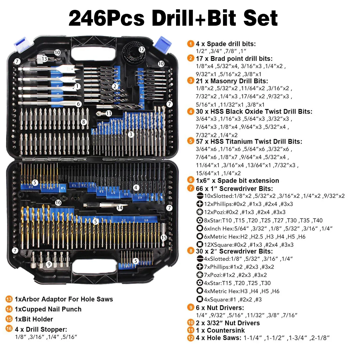 246pcs Drill Bit Set Hole Opener Drills Kit Metal Wood Plastic DIY Power Tools โ image 5