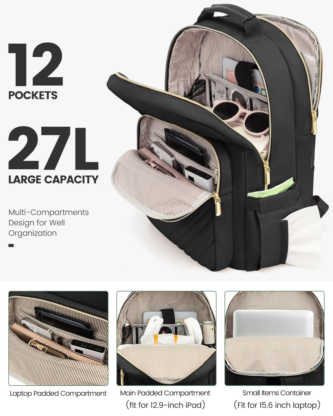 Stylish Laptop Backpack for Women – Large Capacity 27L Computer Bag with 15.6 Inch Compartment, USB Charging Port & 16 Pockets – Ideal for College, Work & — image 2