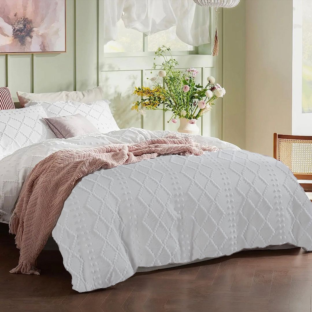 Tufted Boho Embroidery Quilt/Doona/Duvet Cover Set - White - King Size — image 2