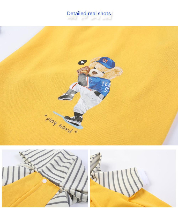 Autumn/Winter Dog Clothes - Yellow Hoodie with Striped Hood & Baseball Bear (Size - 3XL) — image 3