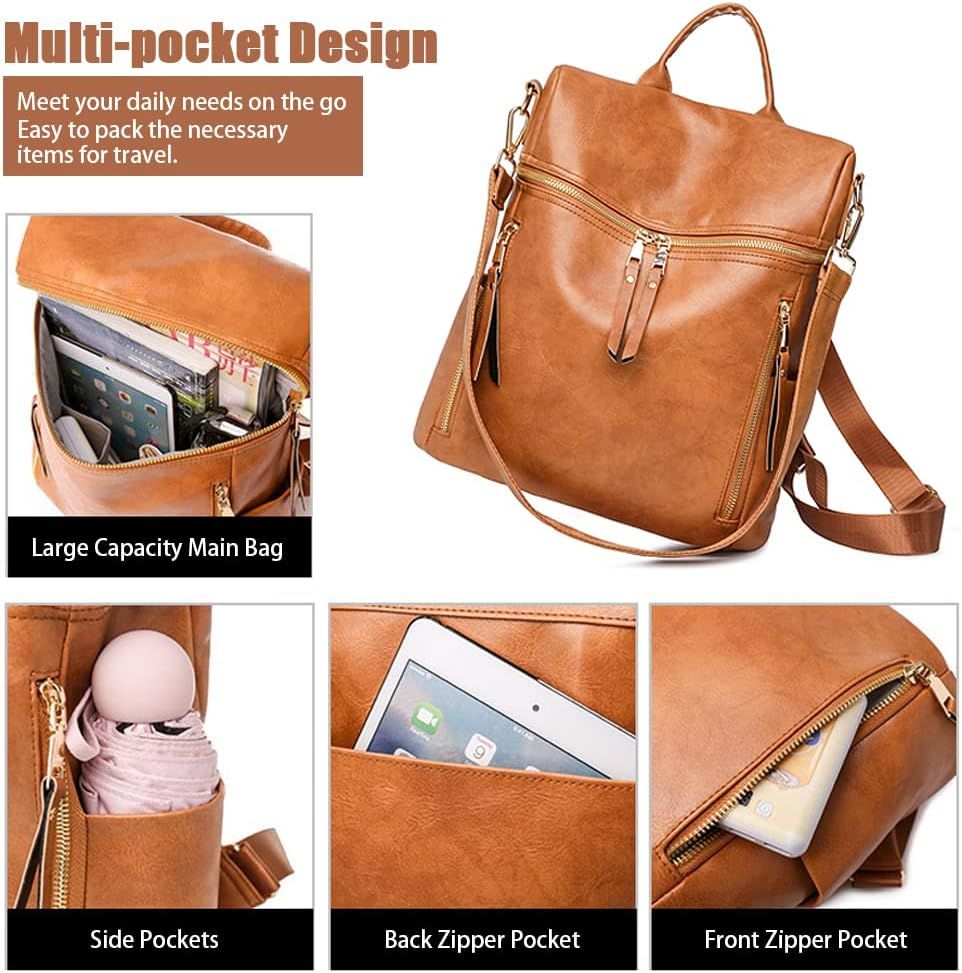 Backpack Purse for Women, Shoulder Handbag Sets with Zipper Strap Satchel for Daily Travel(Brown) Fashionable and backpack — image 2