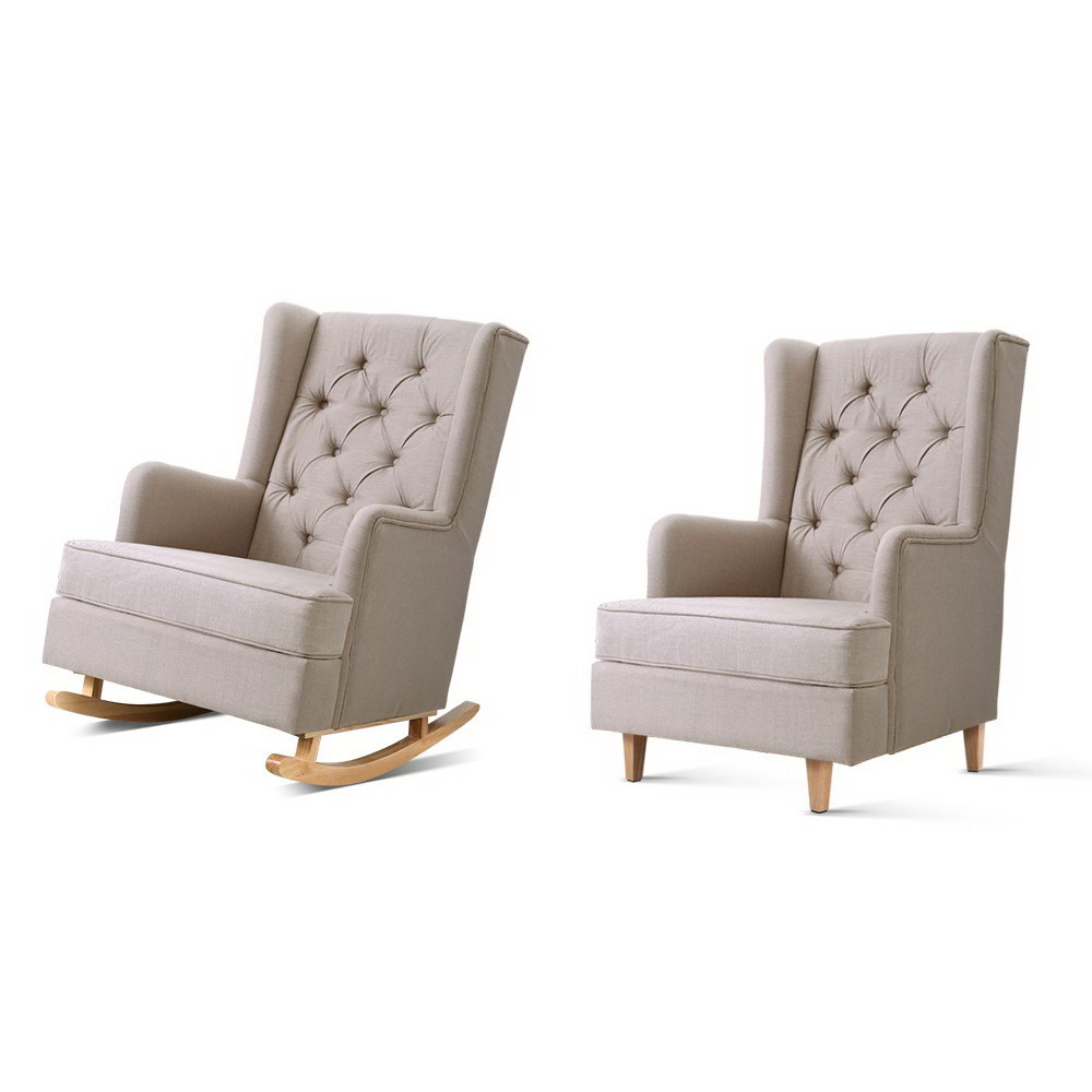 Artiss Rocking Chair Armchair Linen Fabric Beige Gaia — image 3
