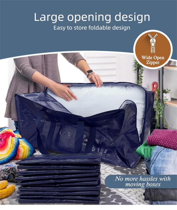 4 Pack ( 2 Dark Blue+2 Black ) Extra Heavy Duty Large Moving Bags with Strong Zipper & Comfortable Handles, Sturdy & Durable Clothes Storage Bags Totes Bins — image 6