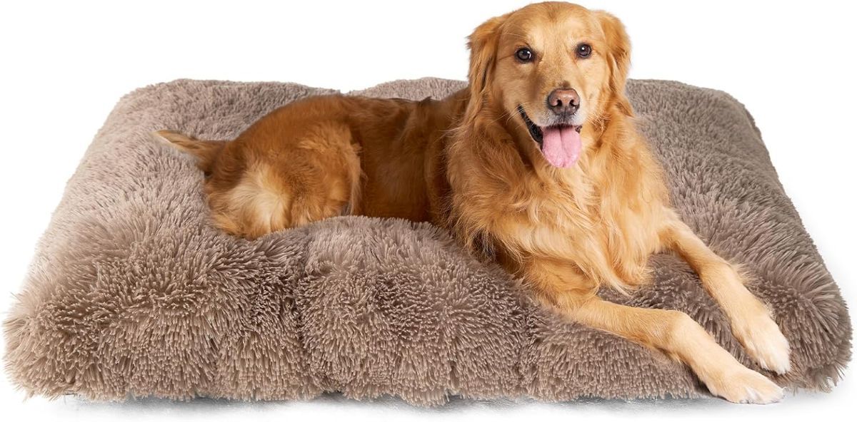 Fluffy Dog Crate Bed for Extra Large Dogs, Plush Faux Fur Pad, Calming Anti Anxiety XL Bed for Crate, Washable Soft Warm Dog Mat with Non-Slip Bottom - Camel