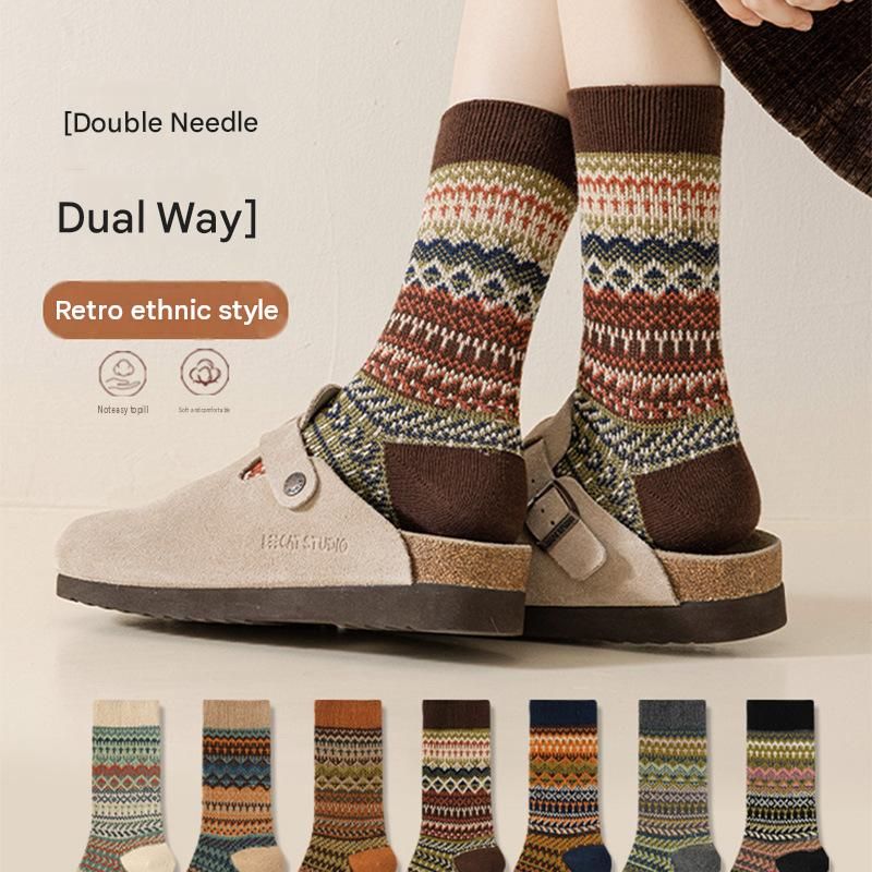 5-pcs Black Retro Ethnic Mid-Calf Socks for Women - Soft Cotton Blend, Seamless Toe, Non-Slip Heel, High Elastic Cuff, Versatile Autumn Winter — image 2