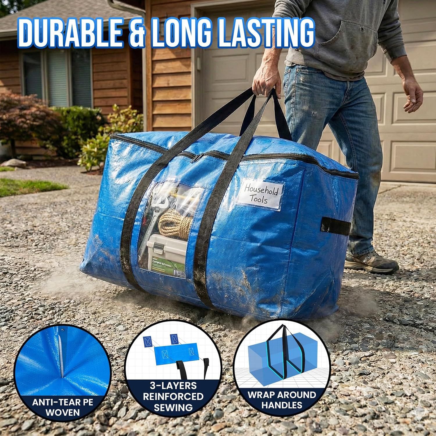 4 Pack Extra Large Moving Bags, Storage Bags with Visible Window, 93L Heavy-Duty Totes For Storage, Wrap Around Handles, Blue โ image 3