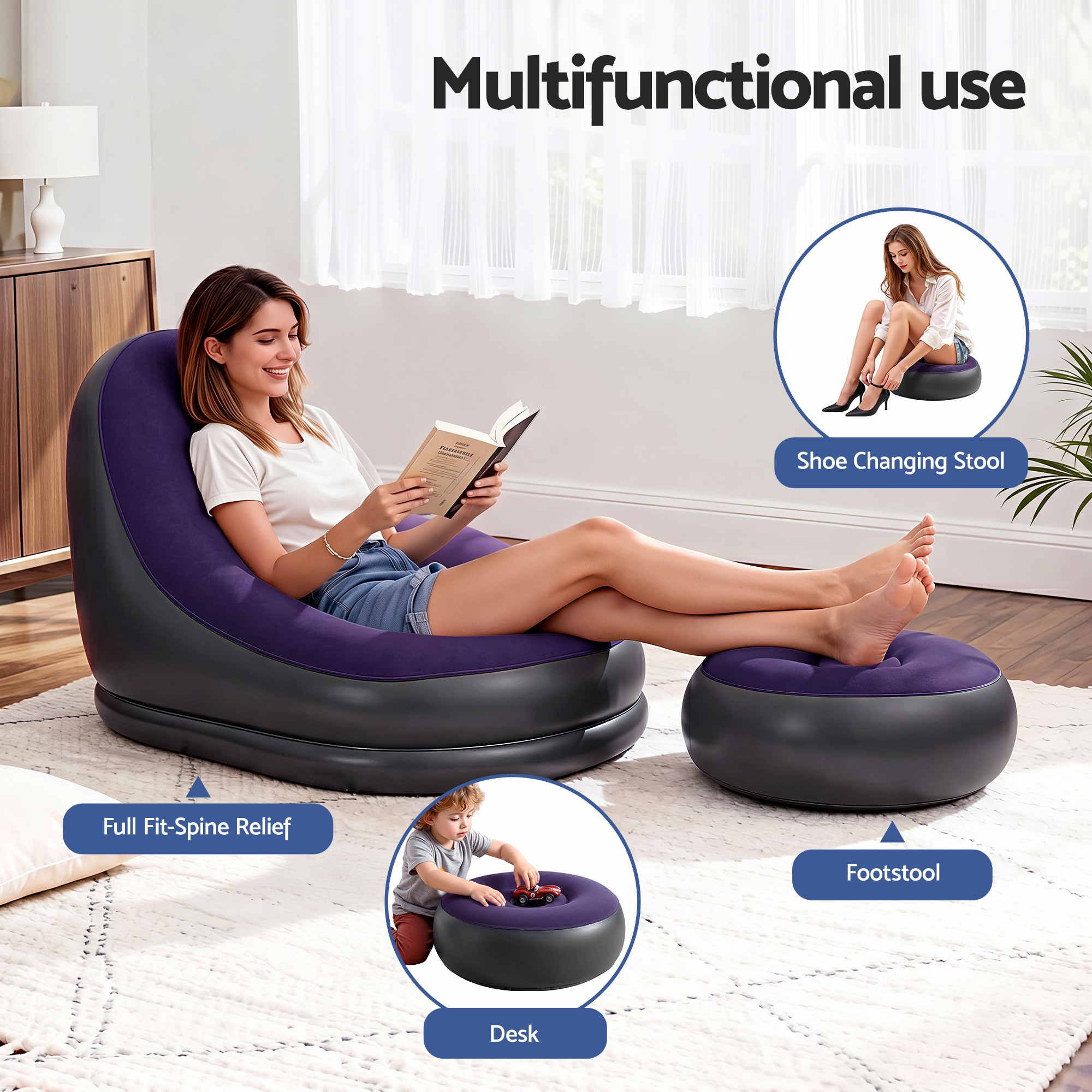 Gardeon Inflatable Chair with Ottoman Air Sofa Blow Up Air Chair for Camping with Pump Purple โ image 4