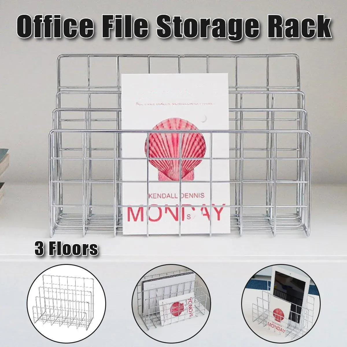 Three Layer Iron Office Document Organizer Rack Magazine Storage Shelf Bookshelf