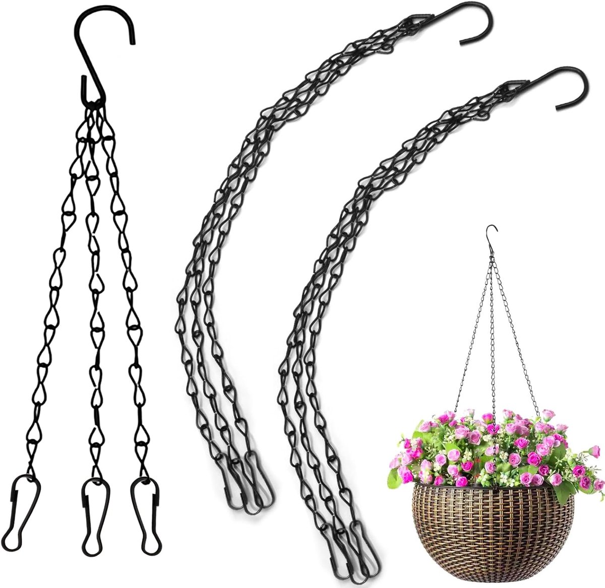 pieces - 16 inch - Plant hanger - Flowerpot hook - Lantern hook - Garden hook - Plant hook - hanging basket chains - with 3 chains - black chain with