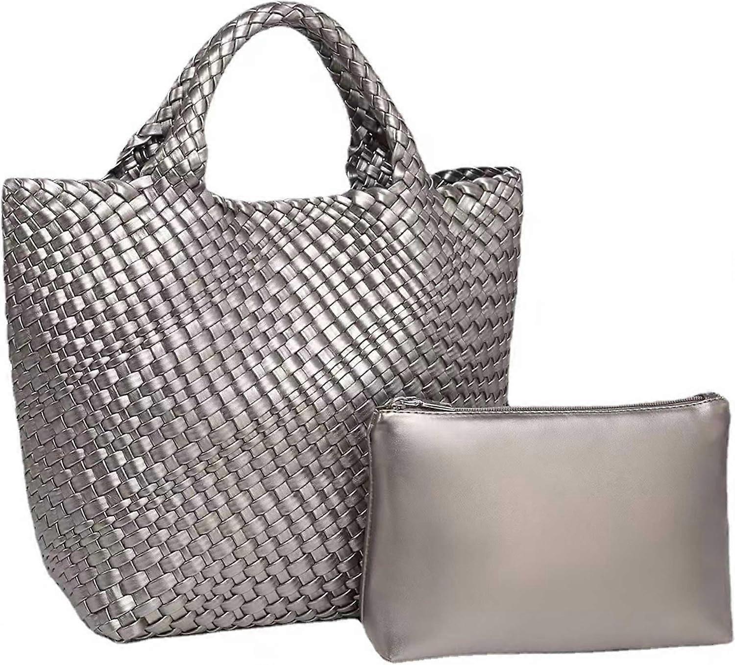 Woven Tote Bag for Women Soft Leather Handbag with Pocket