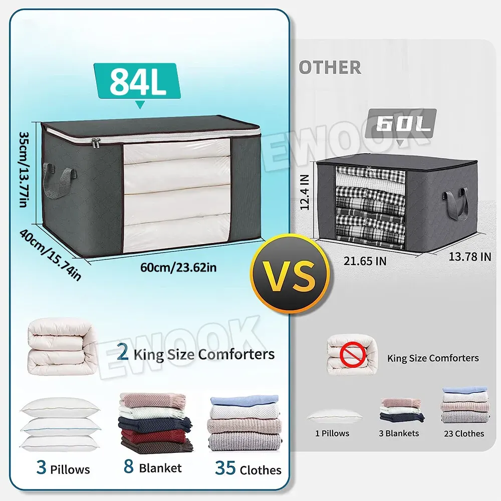 Large Grey Quilt Storage Bags 60x40x35cm - 2-Pack Non-Woven Fabric Organiser with Zipper โ image 6