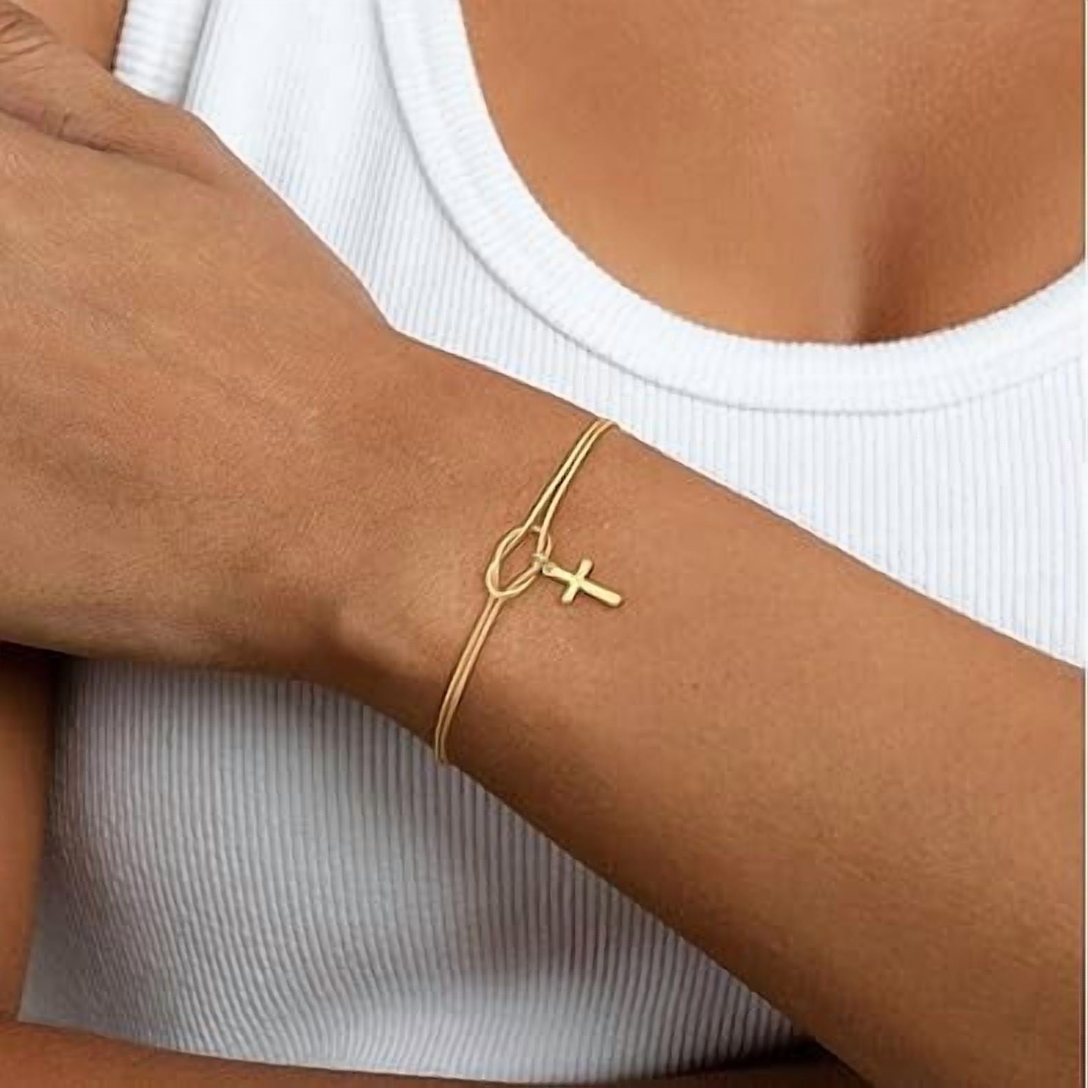 Cross Bracelet for Women, Dainty 14K Gold Plated or Silver Plated Pearl Knot Chain Religious Charm Jewelry — image 2
