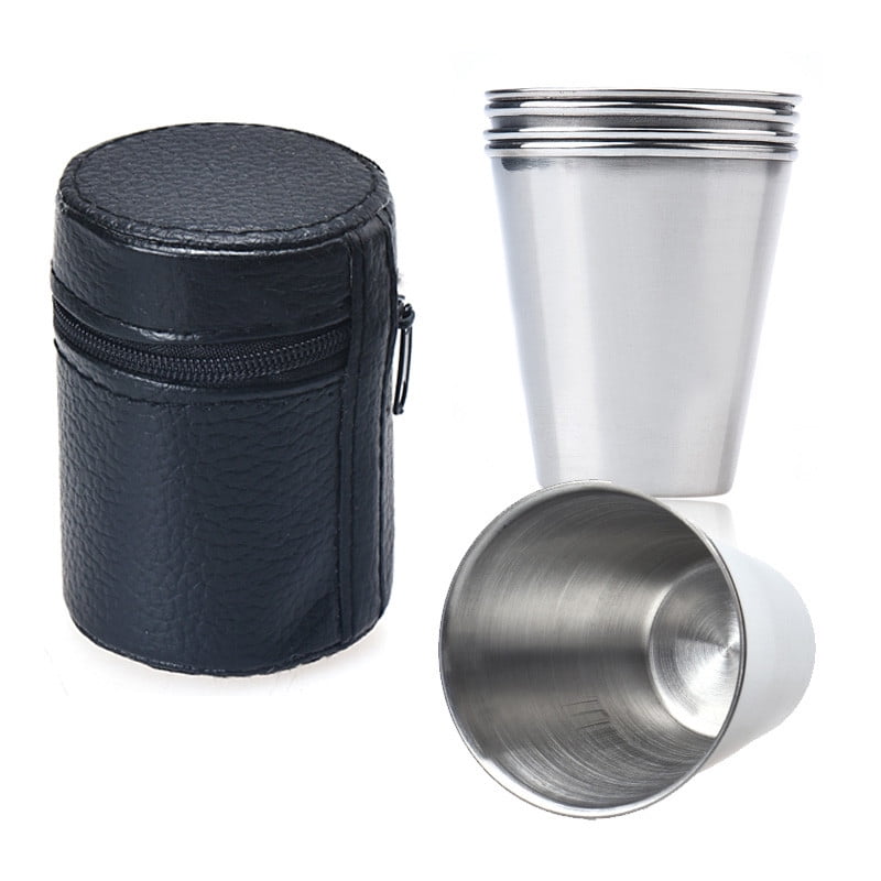 Wine Glass, 4 Small Wine Glasses with Sleeves, 4 Stainless Mug Tea Coffee Set Camping Steel Drinking Tumbler Cup of Glass and Bottle Z3-F — image 2