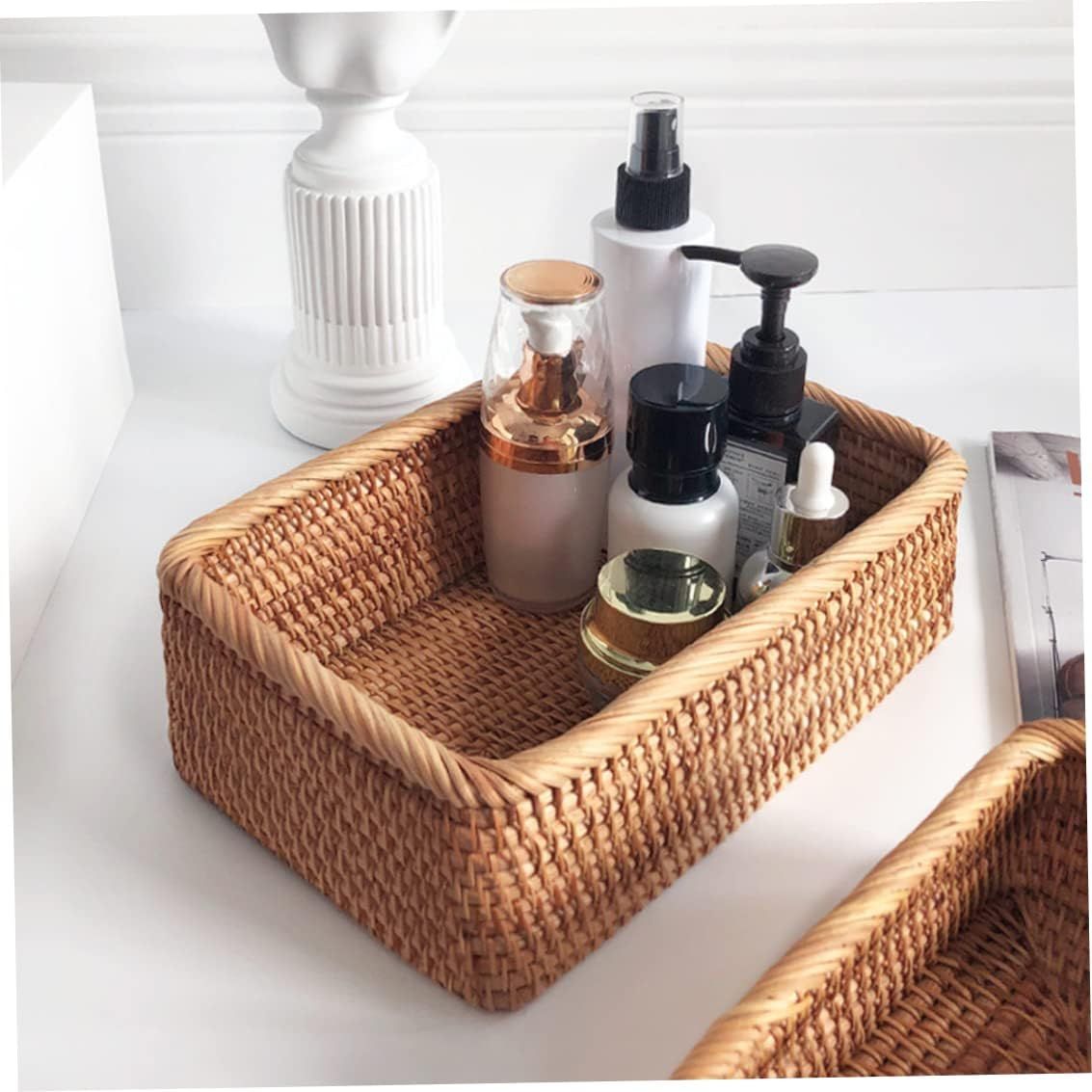 Rattan Storage Baskets Rectangle Woven Bread Basket Rectangular Wicker Serving Organizer Tray Rattan Fruit Basket, Stackable Wicker Organizer(20*14*7cm) — image 3