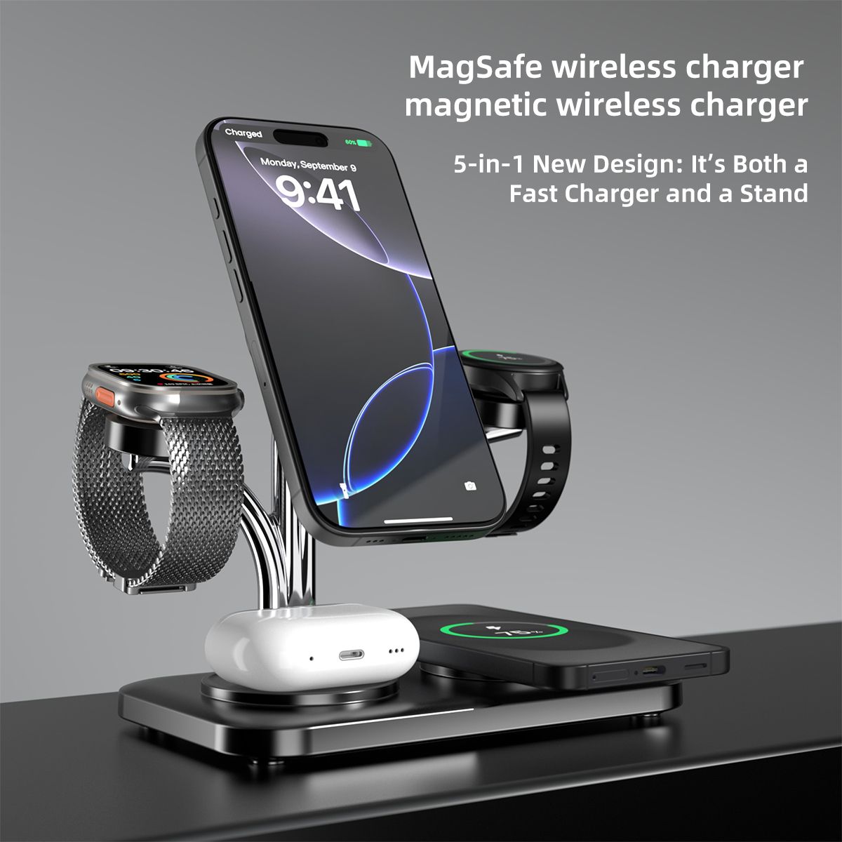 OC22 5-in-1 Wireless Charging Stand Multi Device Fast Charging Dock,black — image 3