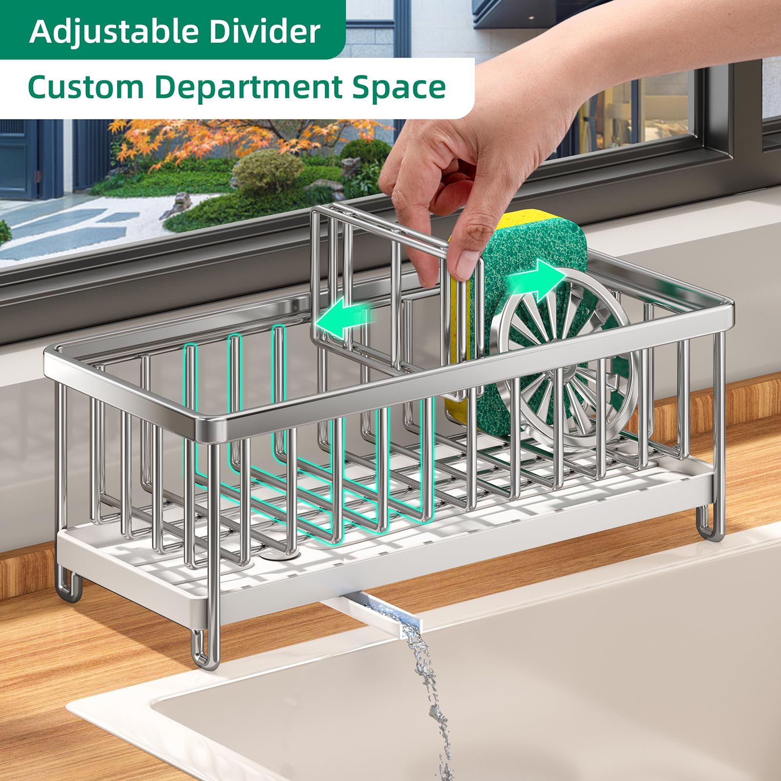 Sponge Holder for Kitchen Sink, Dish Sponge Organizer with Divider, Rustproof Dish Brush Holder Storage for Bathroom, Silver — image 3