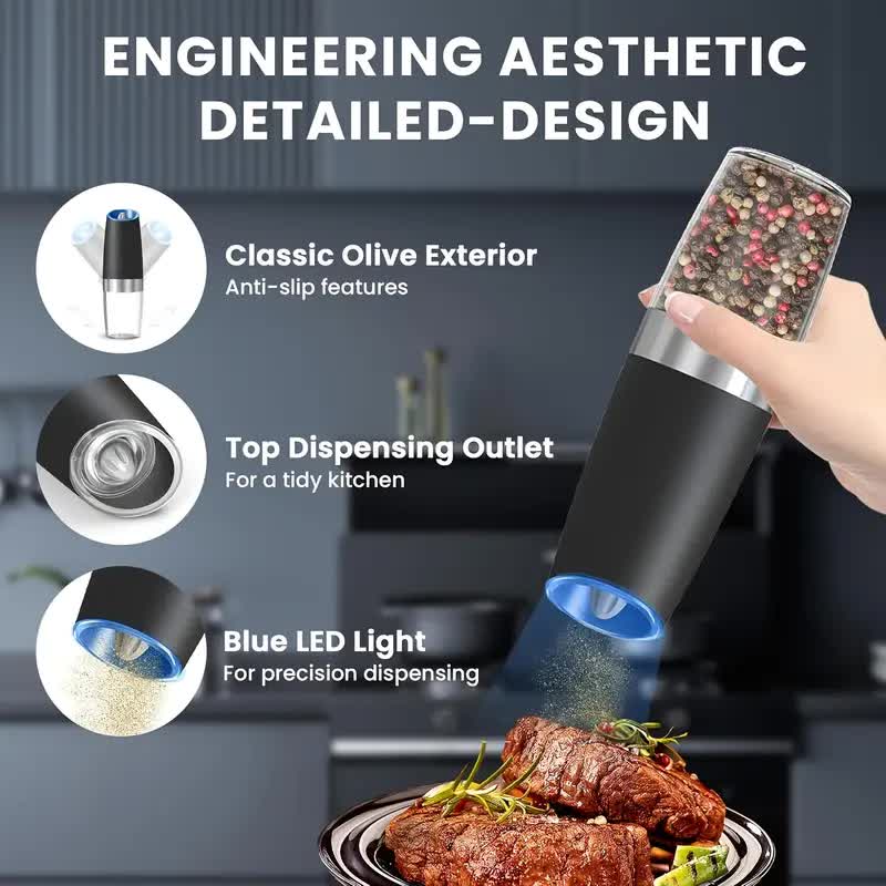 Gravity Electric Salt and Pepper Grinder Set, Battery Powered LED Light One Hand Automatic Operation, Adjustable Coarseness Mill Grinders Shakers Black โ image 3