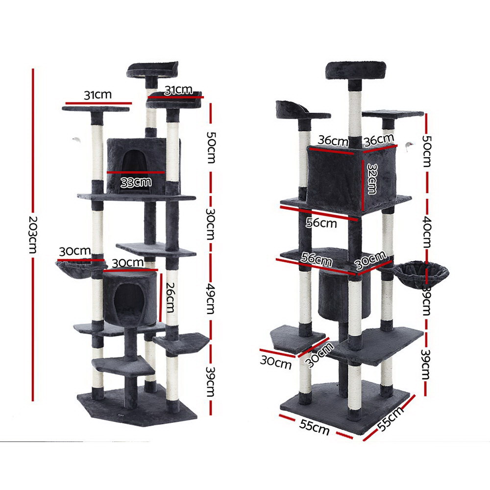 i.Pet Cat Tree 203cm Tower Scratching Post Scratcher Condo Trees House Bed Grey โ image 2