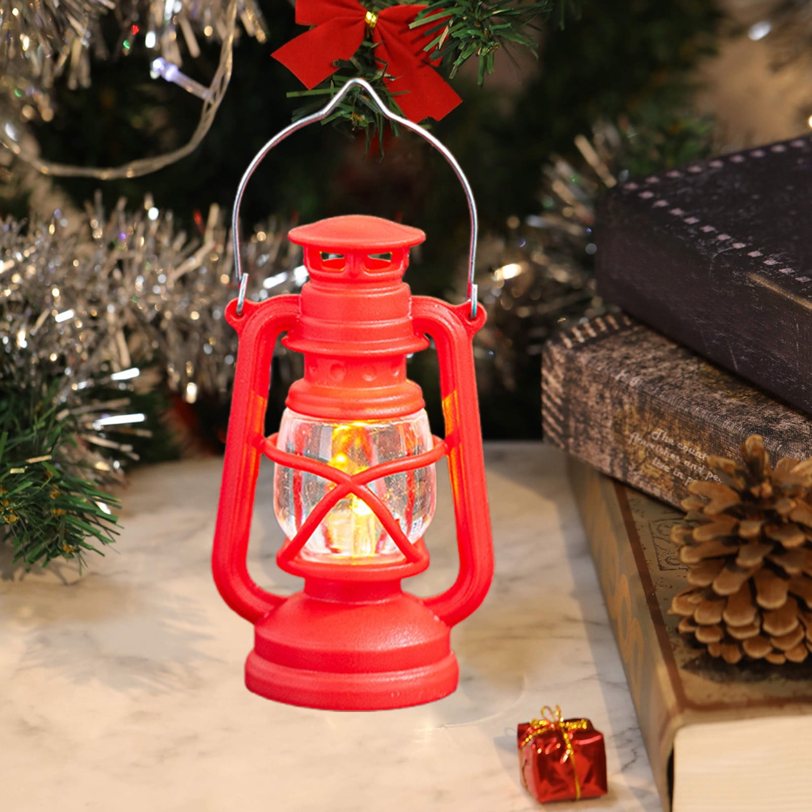Vintage LED Hurricane Lantern, Battery‑Operated Warm Light Antique Metal Hanging Lantern with Dimmer Switch, 150 Lumen, Red