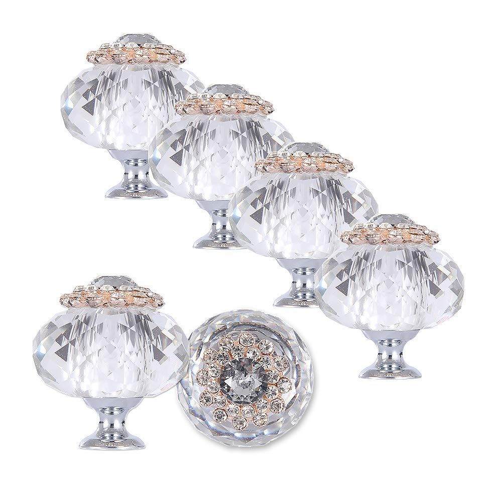 6 - Pack K9 Crystal Knob Diameter 40mm Cabinets Drawer Knobs Clear Bright Ball Furniture Closet Dresser Pulls Cupboard