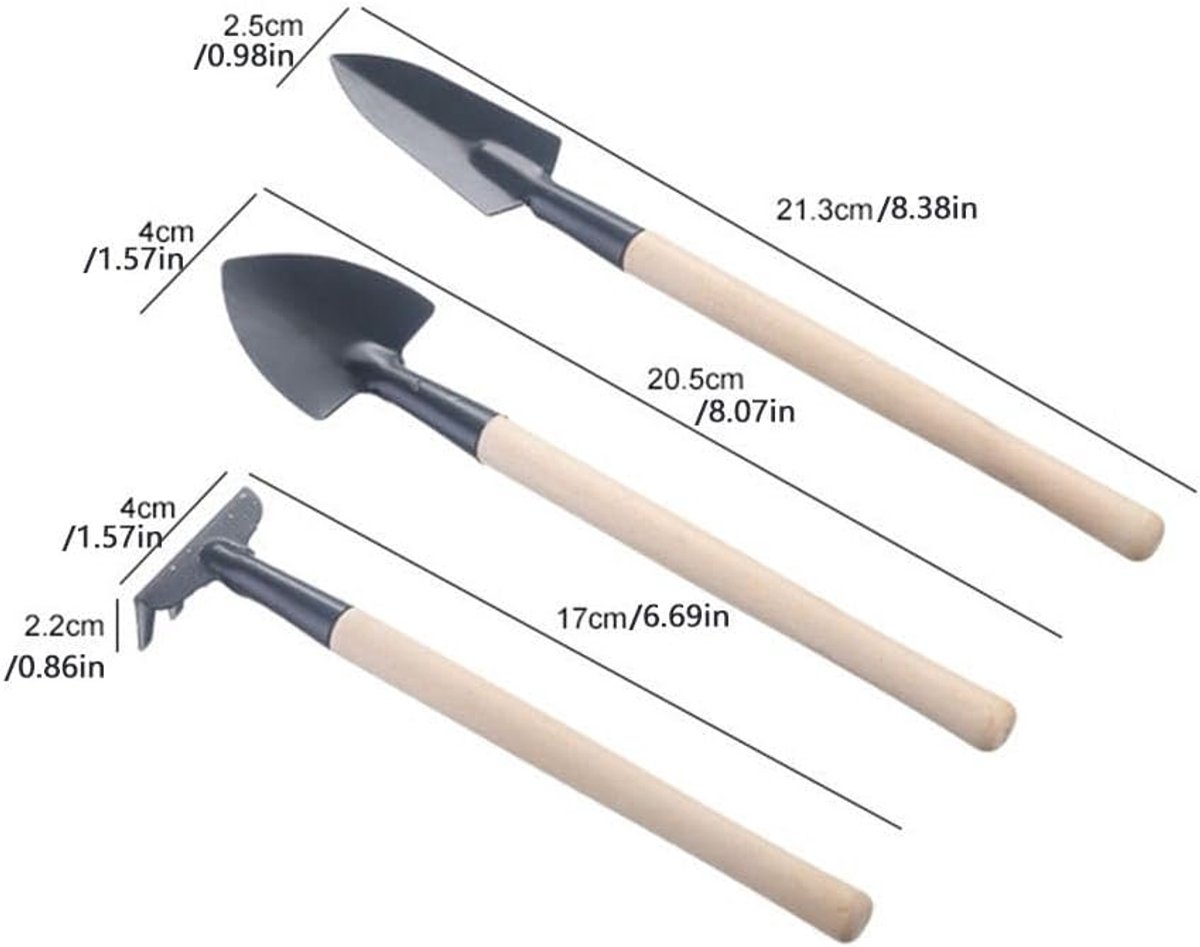 3-piece mini garden tool set - for pots and plants - Wooden handle design - Shovel, rake, and soil shovel - Small size for precise work — image 2