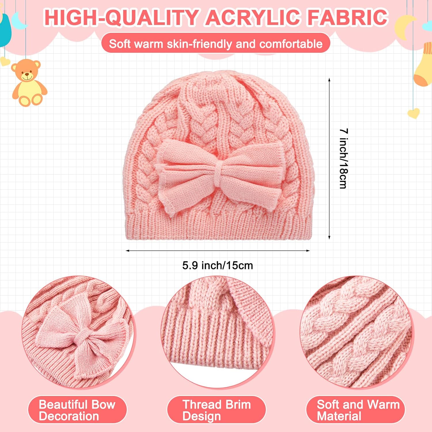 3 Set Toddler Hat Glove Set, Kids Winter Hats Warm Knitted Beanie Mittens Gloves with Bow for Baby Girls Boys 0-6Y — image 2