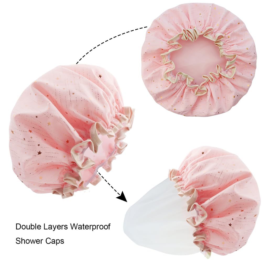 4 Pieces Shower Caps for Women, Double layer shower cap, Elastic Reusable Bathing Hair Cap Environmental Protection Hair Bath Caps