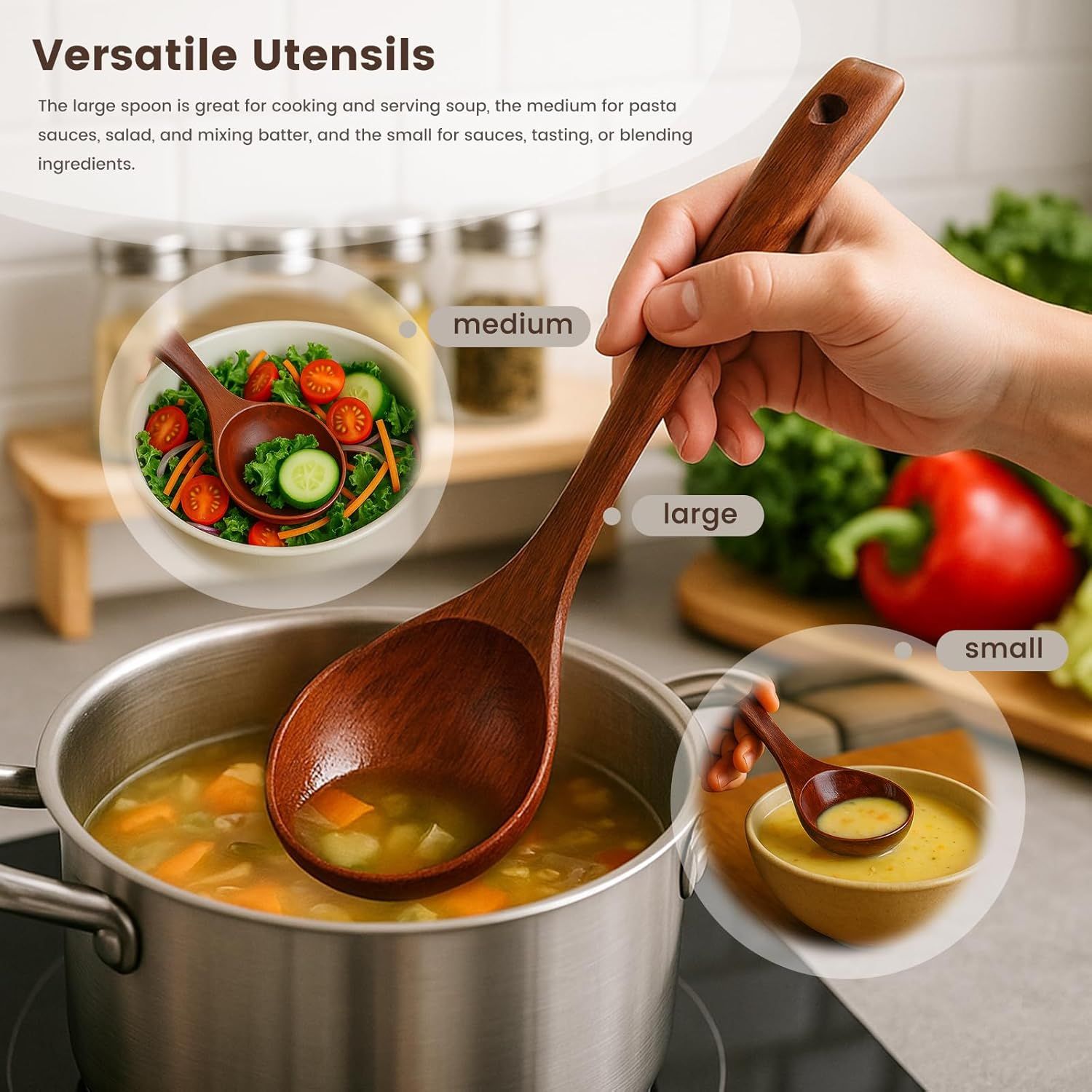 Wooden Ladle for Soup, 3 Size Wooden Spoons for Deep Pot & Bowl, Heat Resistant Handles, Non-Stick Wood Kitchen Utensils Set for Cooking, Serving and Stirring — image 4