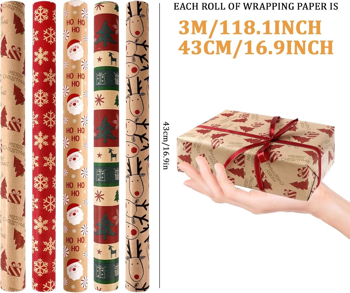 5 Roll Christmas Wrapping Paper - Christmas Wrapping Paper Rolls - Christmas Paper Wrapping Paper For Christmas - 17 inch x 50 Feet Mini Kraft Sheet Set — image 2