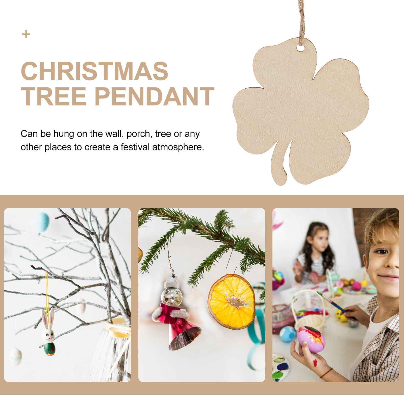 20pcs Four Leaf Ornaments Hanging Decor Unfinished Wooden Ornaments Wooden Shamrock Cutouts Wooden Slices Party Favors for DIY Crafts Beige — image 5