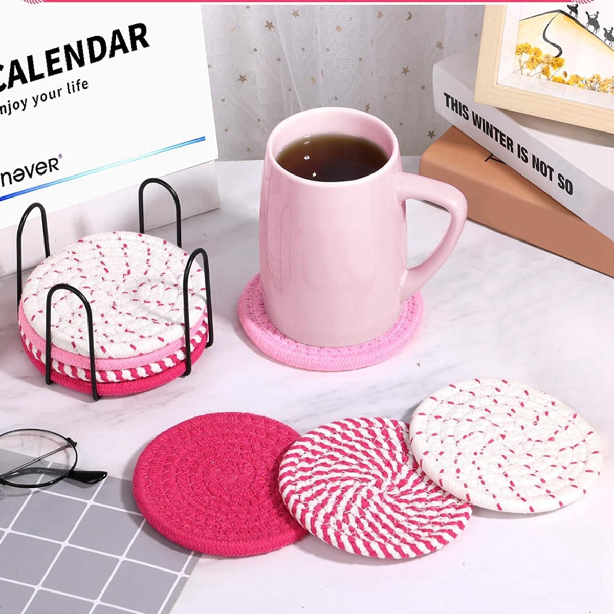 Beige and Khaki Absorbent Woven Cotton Coasters - Set of 8 with Metal Holder - Heat Resistant Drink Mats for Table Protection โ image 2