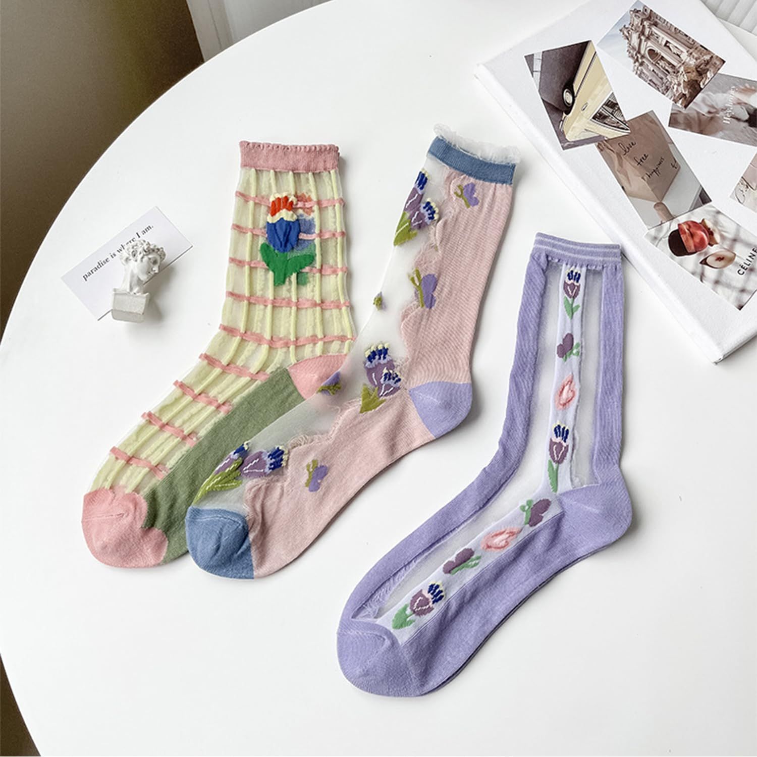 3 pairs Womens Girls Lace Sheer Socks Ultrathin Crystal Glass Crew Socks Transparent Novelty Nylon Fishnet Ankle Socks — image 5