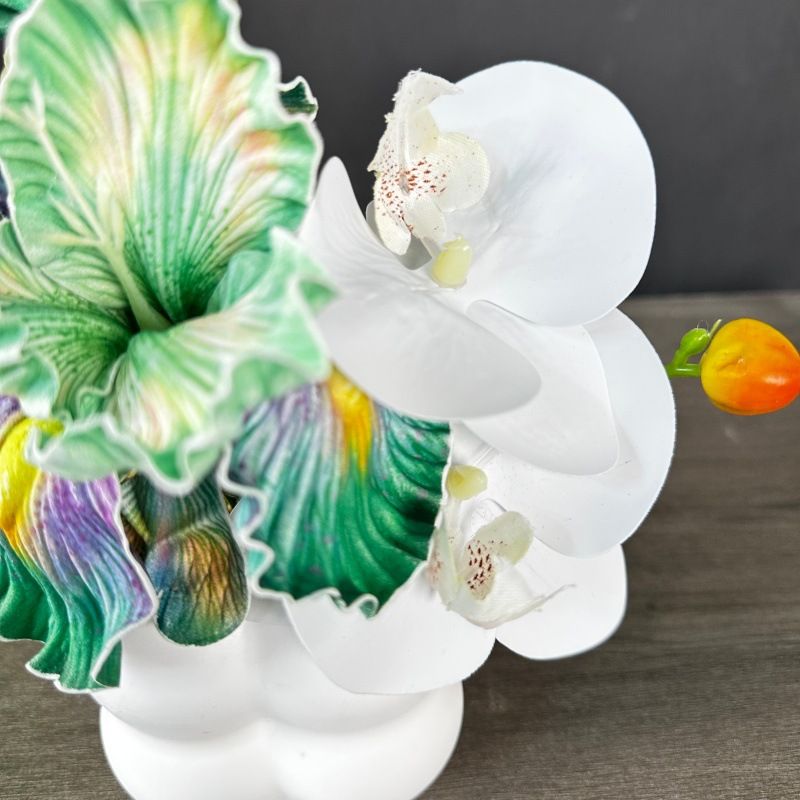 Simulated iris potted plant, floral artistry vibrant and colorful, pumpkin planter round and versatile, no maintenance ready to display upon opening, brightens โ image 2