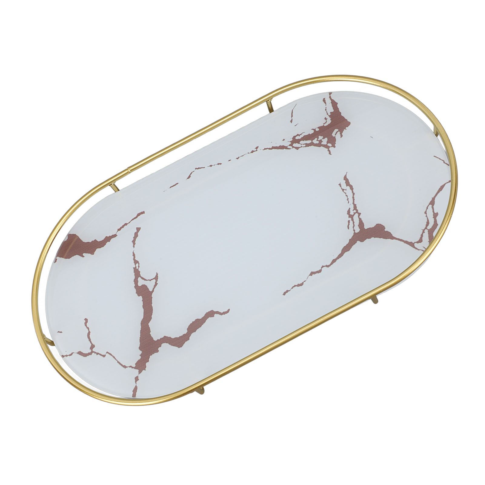 Bathroom Storage Tray Light Luxury Decorative Golden Texture Oval Bathroom Organiser Tray for Soap Towel Paper Napkins Jewellery Makeup White Base — image 2