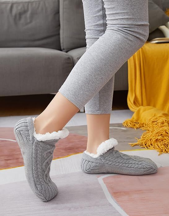 Gray Warm Non-Slip Knitted Thick Lined Cozy Winter Slippers for Women and Men, One Size Fits Most with Silicone Grips, Perfect for Home and Indoor Use — image 5