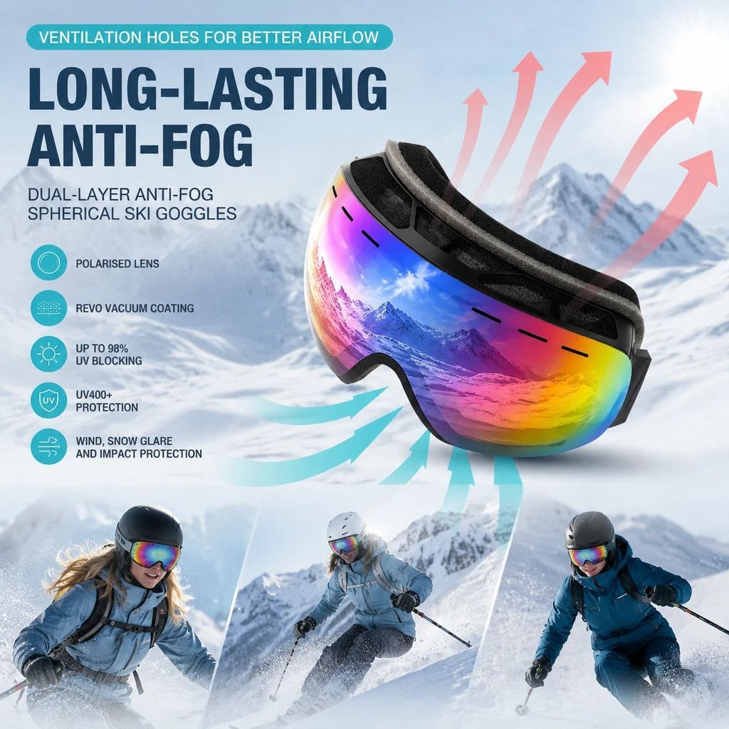 Ideal Winter Ski Gear UV400 Anti-Fog, Black Frame, Mercury Coating Lens + Black White Strap — image 3