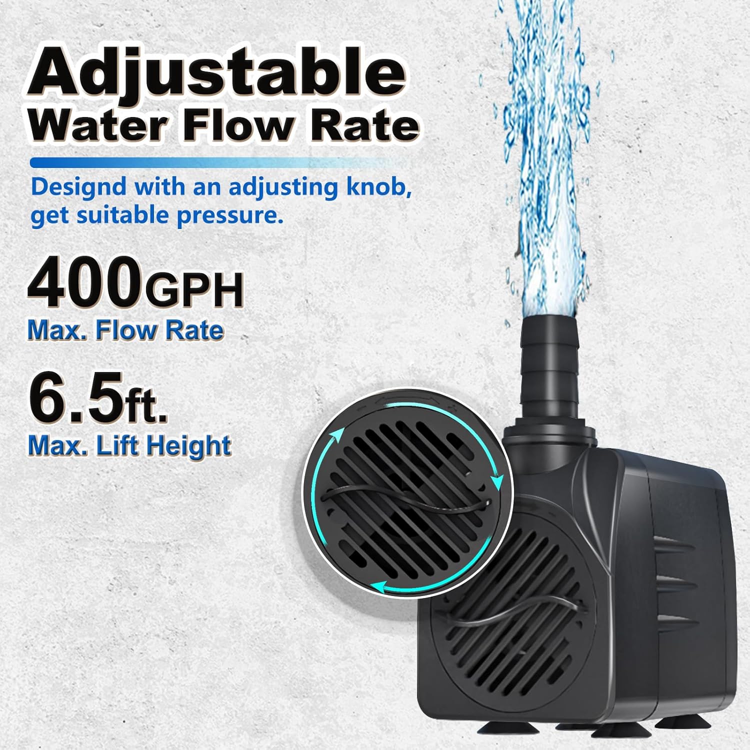 400GPH Submersible Water Pump, Ultra Quiet Fountain Pump for Ponds, Aquariums, Fish Tanks and Hydroponics. Adjustable Flow with 10ft Power Cord — image 2