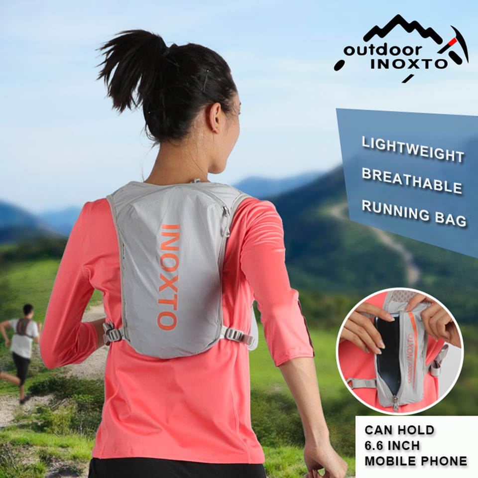 Lightweight Hydration Running Vest with 5L Capacity and Reflective Strips, Gray backpack with orange text โ image 3