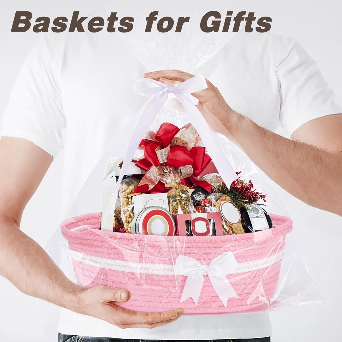 Pink Woven Rope Gift Basket with Handle and Bow, Compact Toy and Cosmetics Storage โ image 2