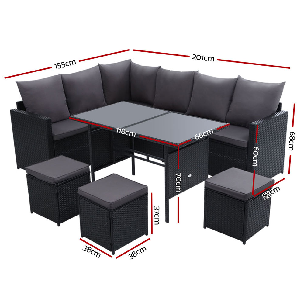 Gardeon Outdoor Dining Set Sofa Lounge Setting Chairs Table Ottoman Black Cover โ image 2