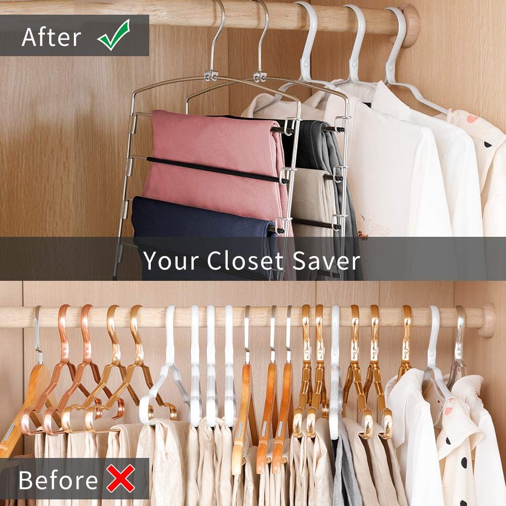 Pants Hangers Non Slip 3 Pack Space Saving Hangers Multi-Layer Swing Arm Pants Hanger Stainless Steel Space Saver Hanger Closet Storage Organizer for Jeans — image 3