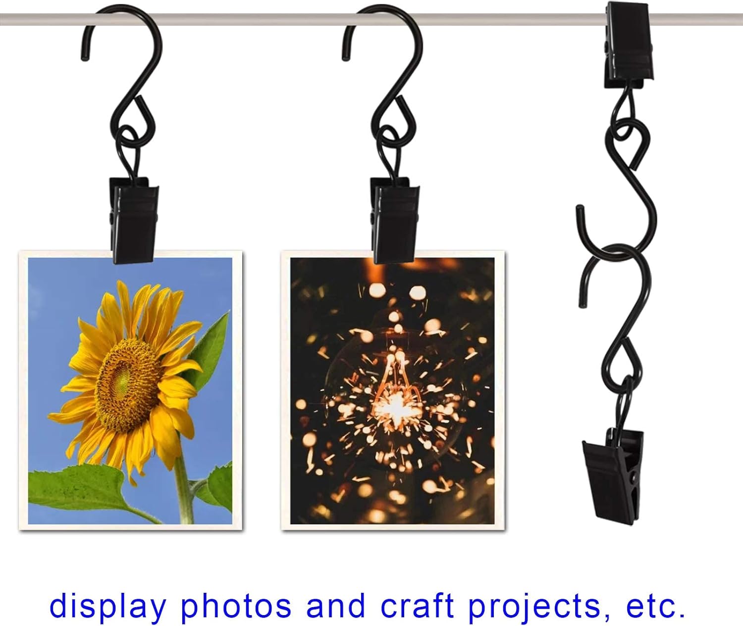Stainless Steel S Hooks Curtain Clips, 50 Pack Hanging Party Lights Clips Hangers Gutter Photo, Art Craft Display, 2.4 Inch Long, Black Long โ image 6