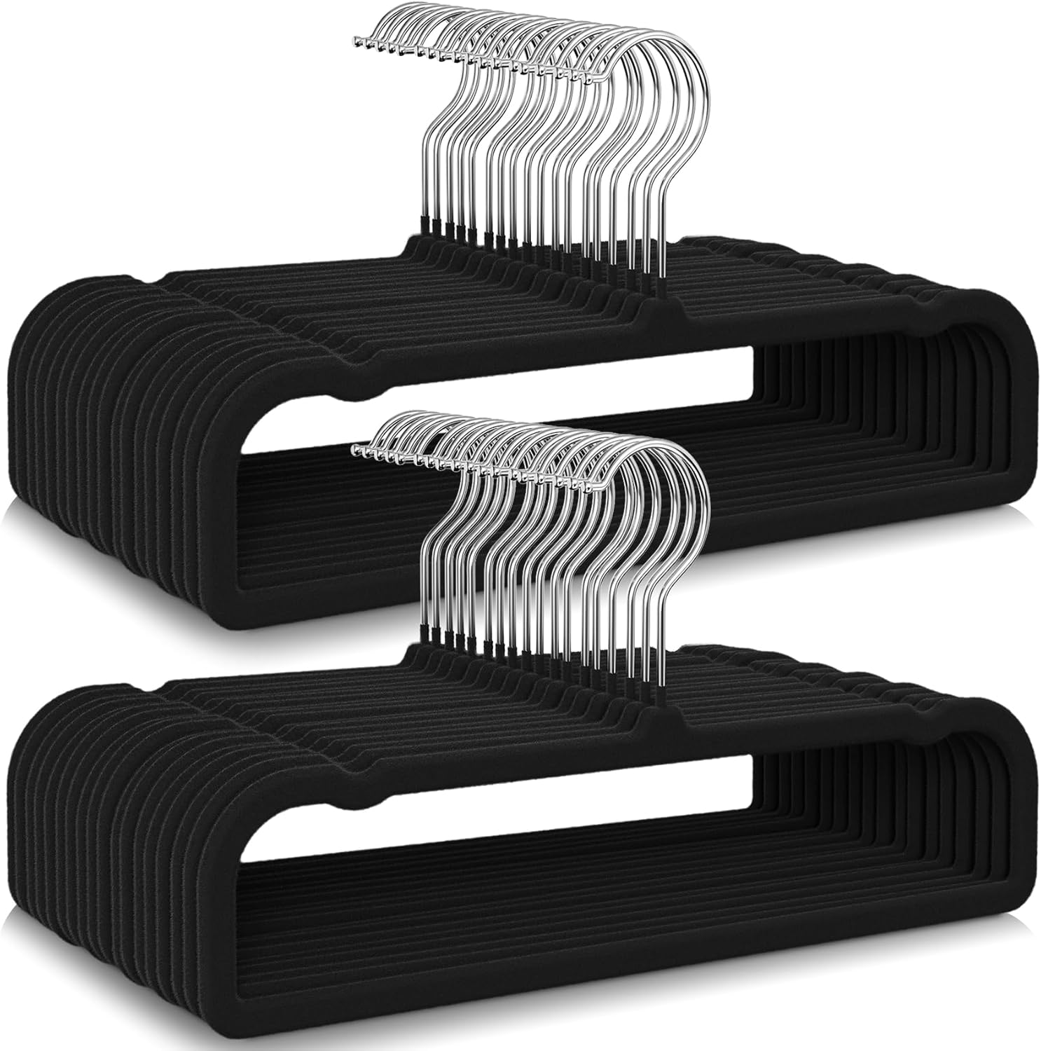 50 Pack Black Velvet Hangers Non Slip, Felt Pants Hangers Thin Space Saving Clothes Hanger Flocked Strong Durable Ganchos para Colgar Ropa with 360°Swivel Hook