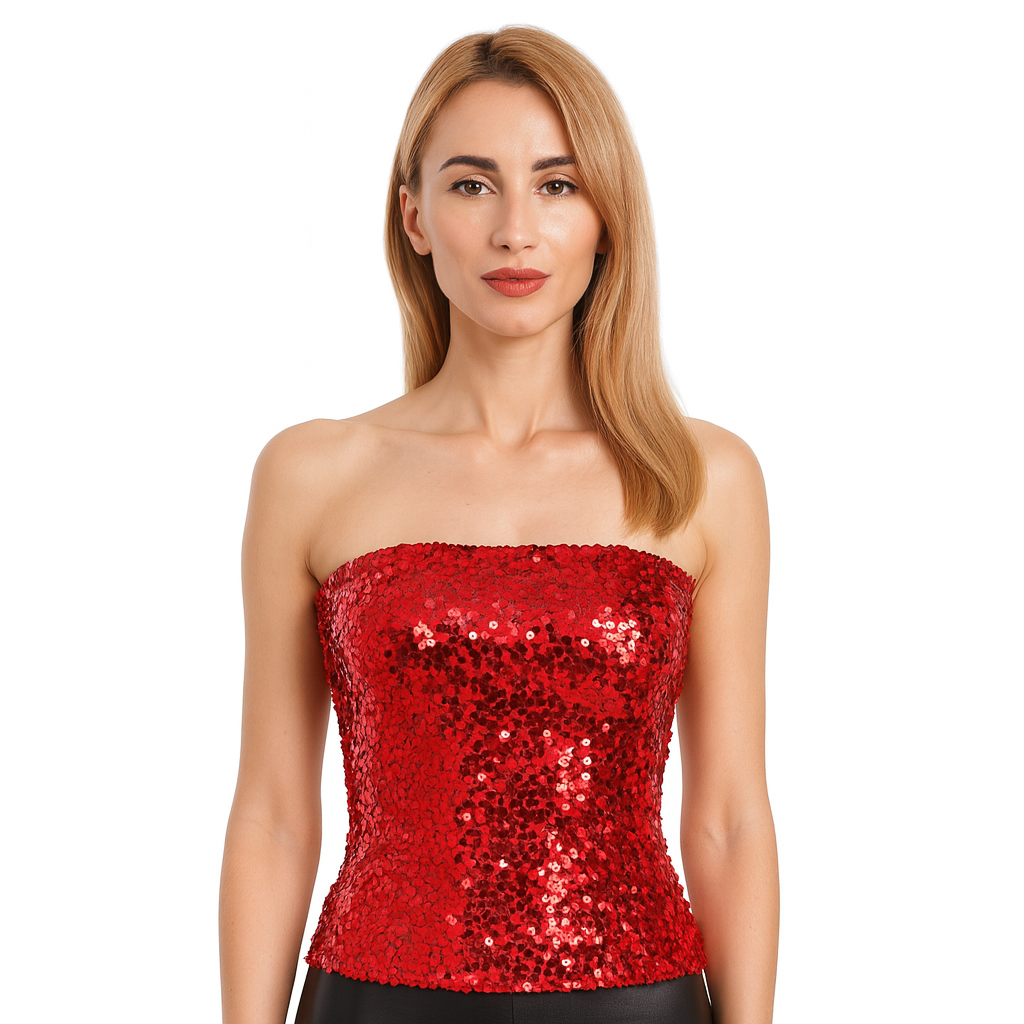 Womens SEQUIN BANDEAU CROP TOP Sparkling Sparkly Costume Tube - Red — image 2