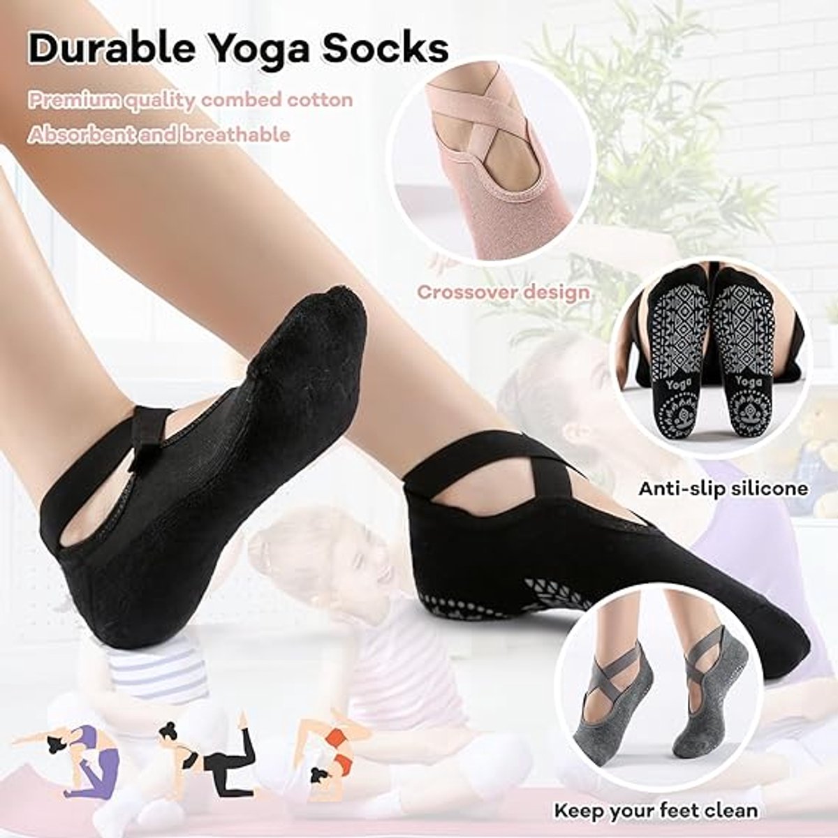 3 pairs of yoga socks - Pilates socks - non-slip socks - sports socks - ballet socks - for yoga pole Pilates dance - black, dark grey and pink — image 3
