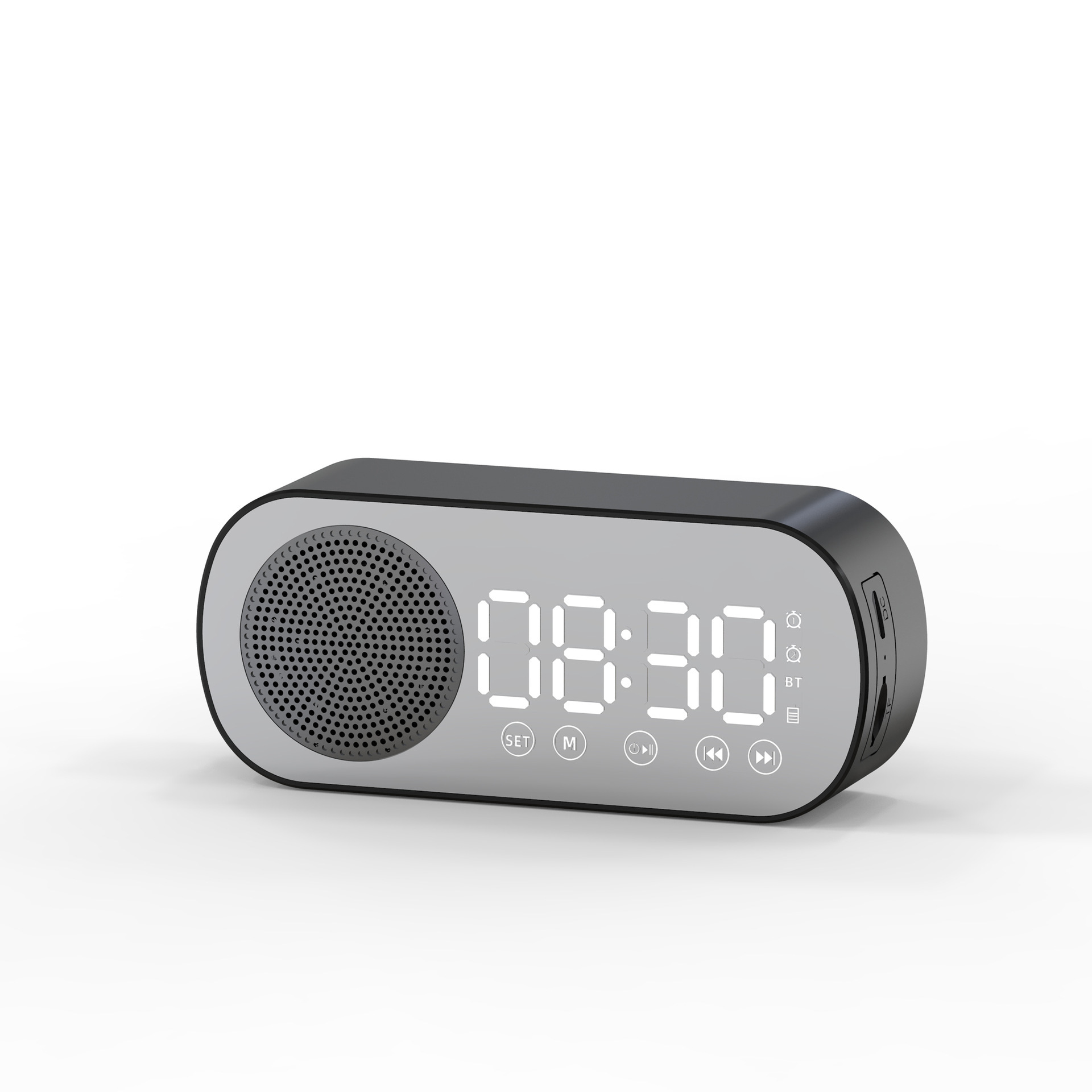 1 Piece Digital Alarm Clock with Bluetooth Speaker, Mirror Display and Adjustable Night Light for Bedrooms and Bedside Use, Black