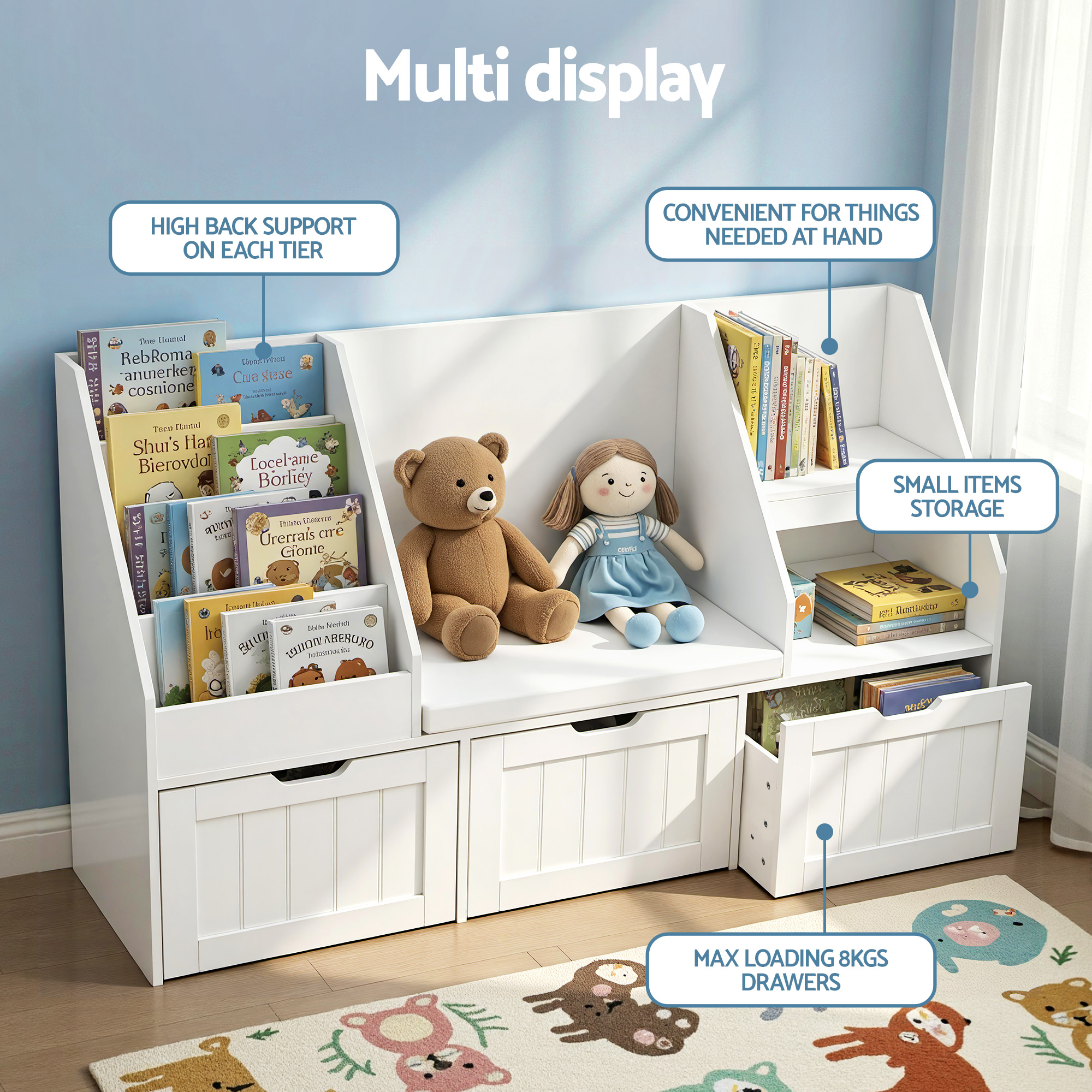 Keezi Kids Bookshelf Storage Organiser Toy Box Drawer Bench Seat Cabinet White โ image 6