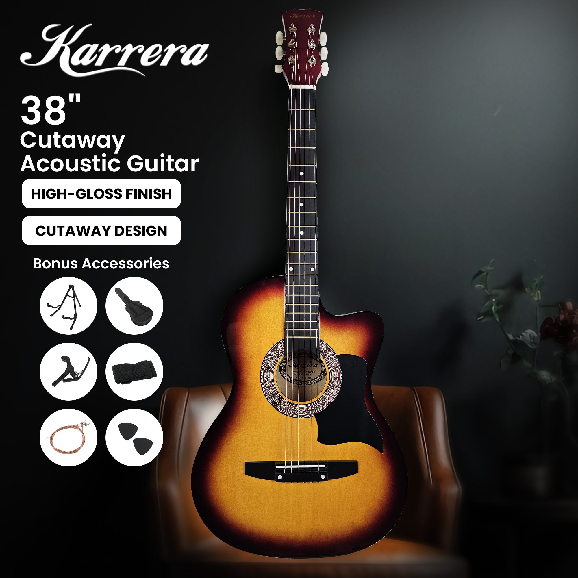 Karrera 38in Pro Cutaway Acoustic Guitar with Bag Strings - Sun Burst โ image 3
