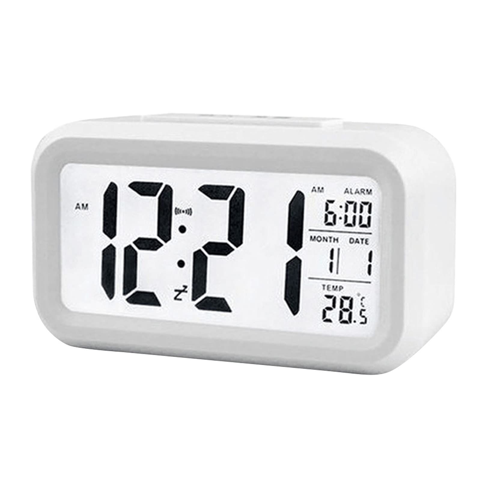 Upgraded Digital Alarm Clock, Display with Temperature Larger Lound Light Control Portable Snooze Calendar Brightness(White)